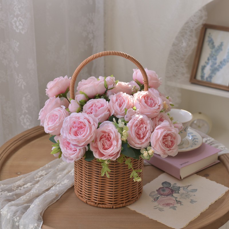 花篮玫瑰花假花仿真花摆设客厅花艺摆H件餐桌花摆花绿植插花装饰