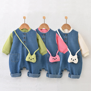 婴儿宽肩牛仔连体哈衣春秋季 套装 内搭长袖 简约外 洋气宝宝背带M裤