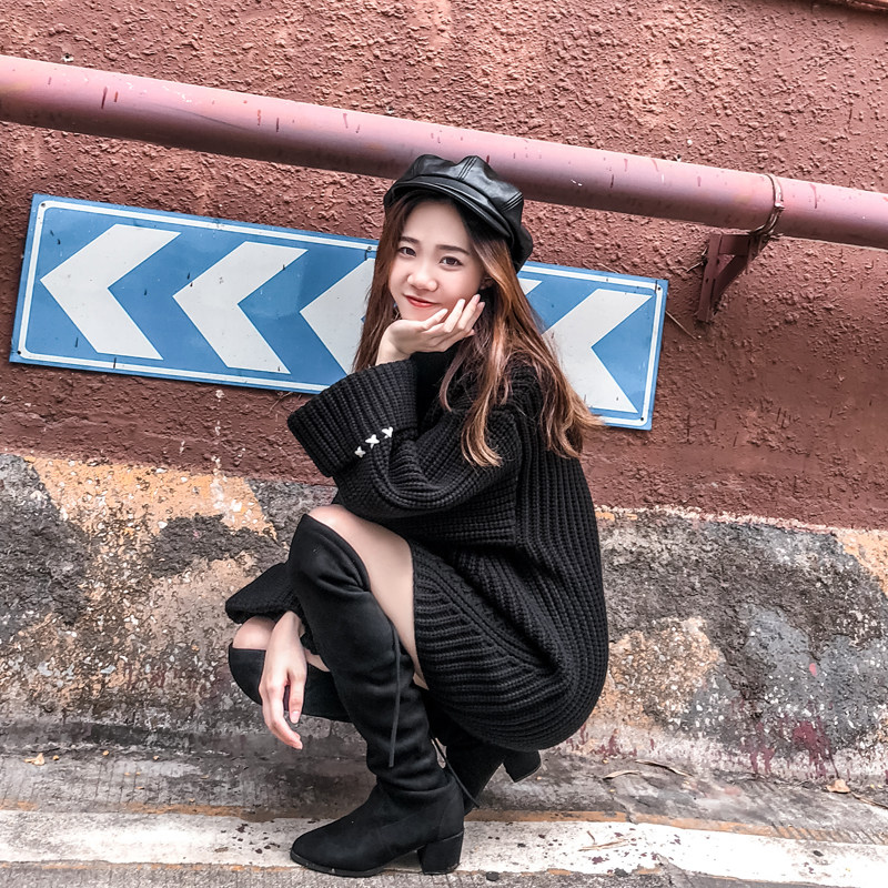 高领毛衣女秋冬加厚宽松韩版慵懒风E外穿中长款套头黑色粗线毛衣