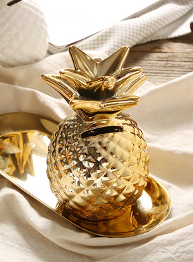 金色白色陶瓷菠萝凤梨造型储蓄罐装饰储钱罐