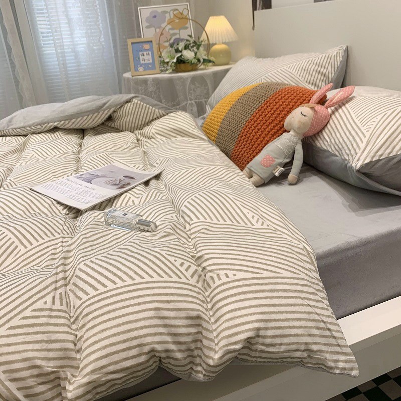 冬季保暖加厚几何简约全棉加绒四件水晶绒法莱绒珊瑚绒床上用品