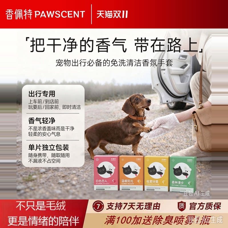 香佩特宠物猫狗香水氛免洗SPA手套保湿巾润毛足清洁祛味留香无毒