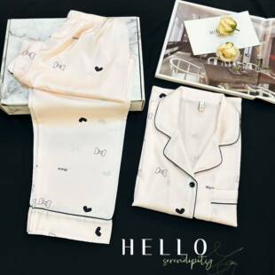 跨境女士冰雪丝短袖长裤睡衣爱心高级抖音同款家居服外贸