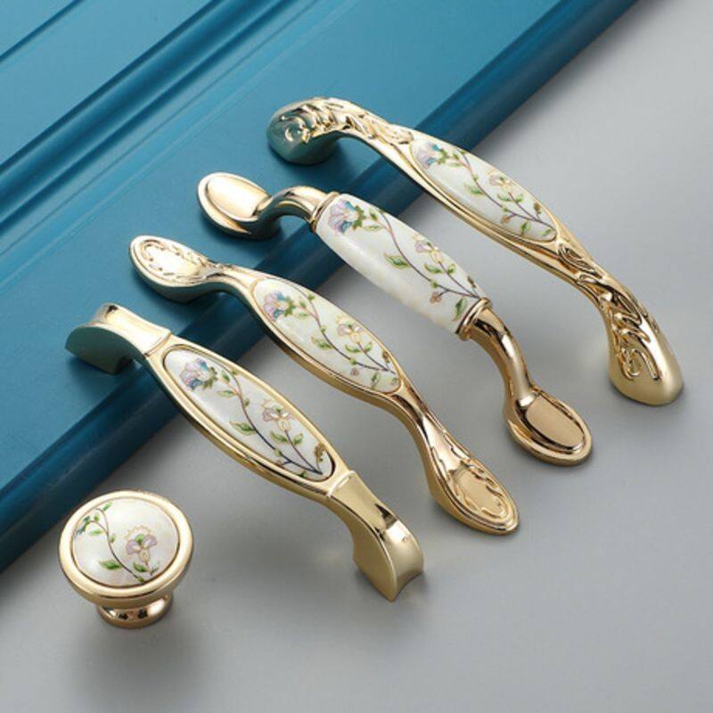 新中式金色花纹古典柜子壁橱陶瓷拉手床头柜抽屉衣橱柜门把手
