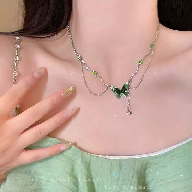 甜酷风绿色渐变蝴蝶锆石流苏项链女氛围感新款小众气质锁骨链配饰