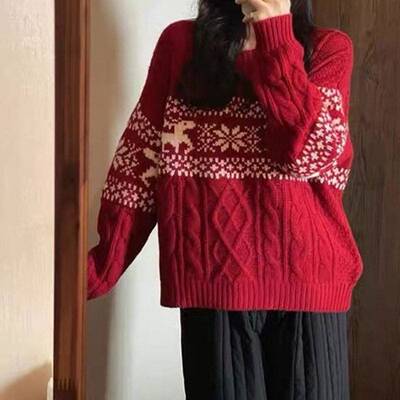 New Year Vintage Christmas Style Jacquard Red Pullover Sweat