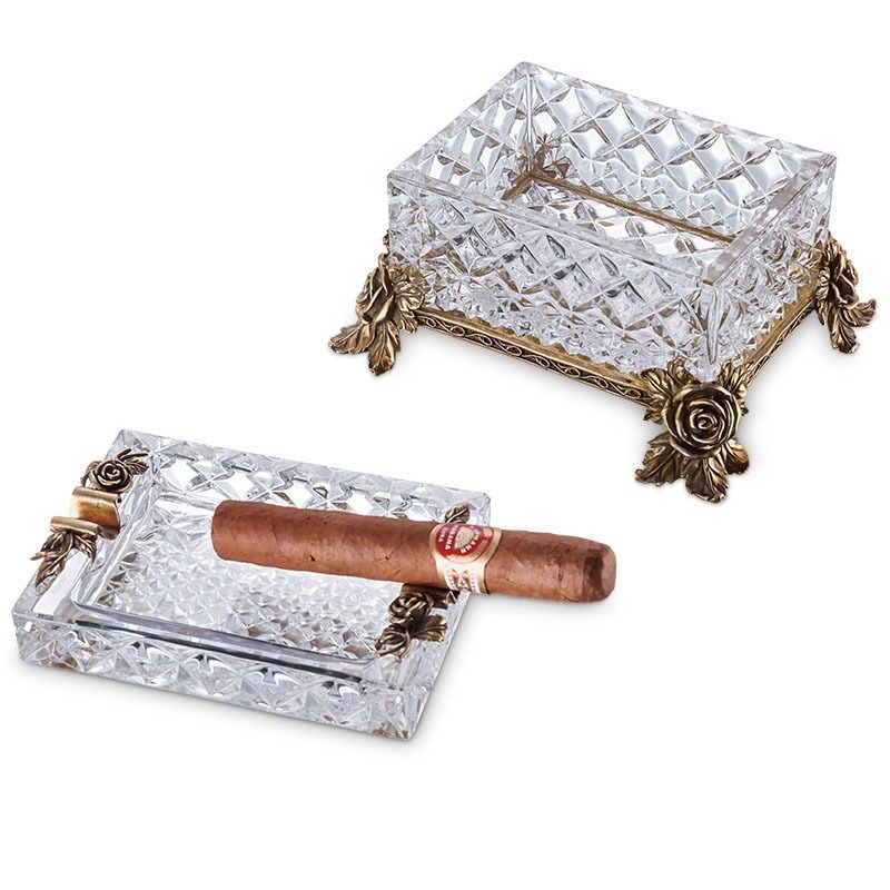 雪茄烟灰缸玫瑰精美铜雕底座烟槽欧式水晶大号矩形创意客厅办公室