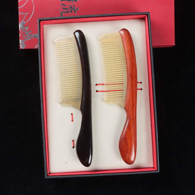 工厂20cm紫光檀木梳拼接天然羊角齿木梳子男女士细齿密齿礼品