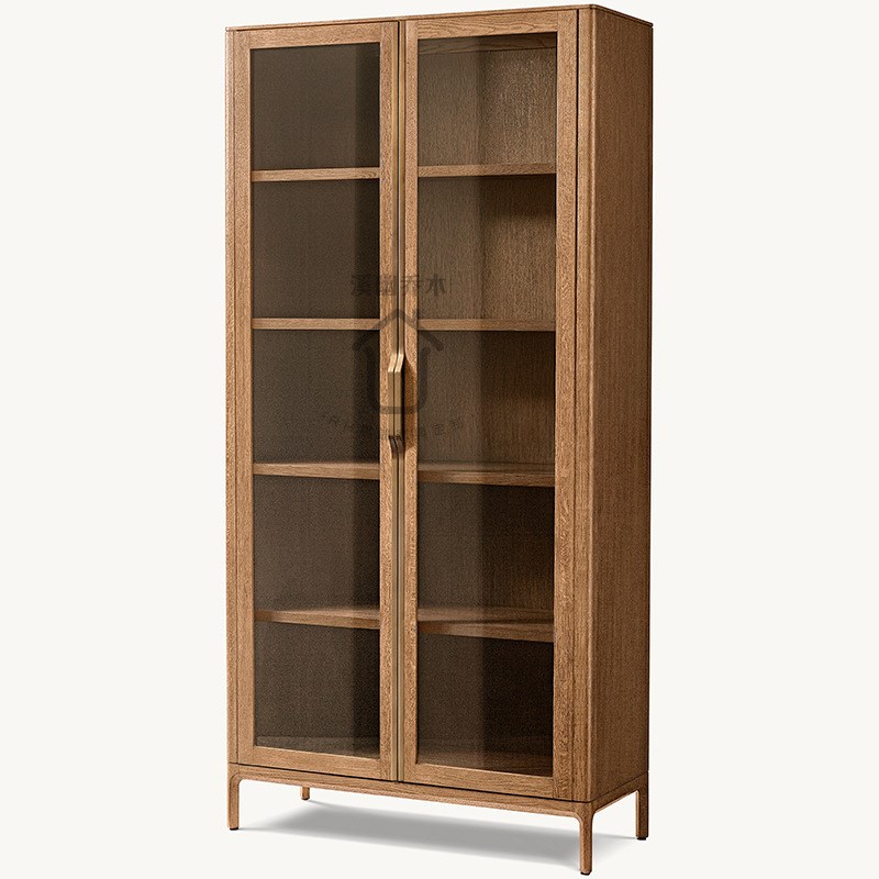 RH美式乡村实木高柜书柜储物柜双开门玻璃门欧式书橱柜子定制
