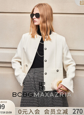 BCBG秋冬女装时尚优雅初剪羊毛混纺短款单排扣立线上衣白色外套