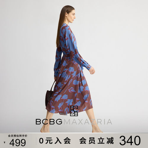 BCBG秋女装时尚流行气质花卉印花花边褶皱系带中长款连衣裙长裙