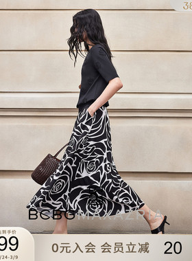 BCBG夏日慢人法式简约优雅立裁剪影花卉印花中长款半身裙女伞裙