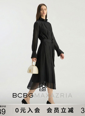 BCBG秋女装精致时尚花边立领荷叶边长袖系带收腰连衣裙黑色长裙