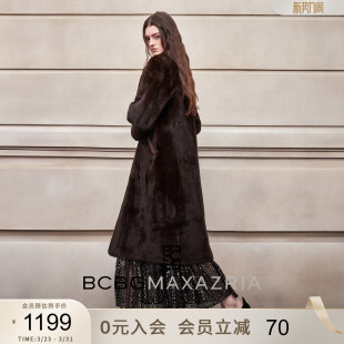 BCBG冬女装 大衣保暖外套 简约休闲通勤设计感翻领宽松环保皮草长款