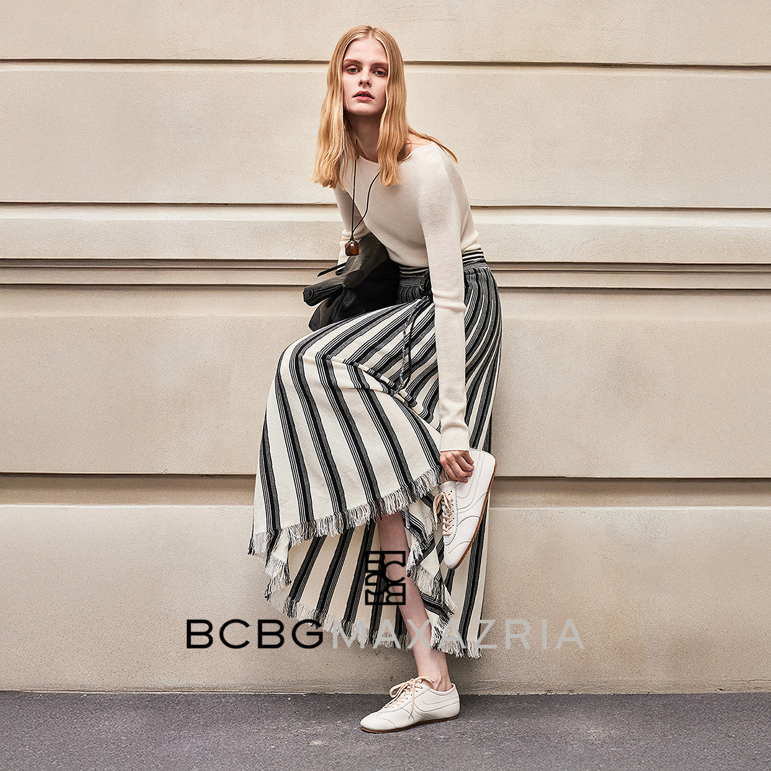 【超能小太阳严选】BCBG简约经典黑白条纹系带大摆流苏针织半身裙