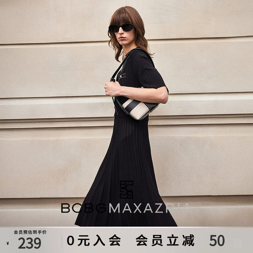 BCBG夏季银丝翻领经典气质休闲通勤收腰显瘦针织连衣裙女士小黑裙