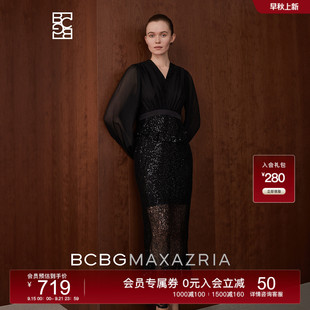 高岭之花珠饰网纱鱼尾礼服小黑裙 复古摩登潮 BCBG 春夏