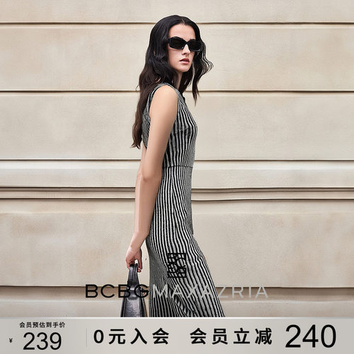 BCBG夏季万千裙装简约流行栏苑影弹力肌理感条纹压皱开叉裙连衣裙