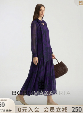 BCBG春秋女装时尚优雅简约精致印花飘带领气质长袖连衣裙长款紫色