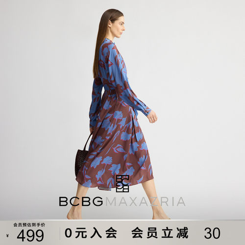BCBG秋女装时尚流行气质花卉印花花边褶皱系带中长款连衣裙长裙