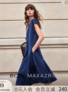 BCBG夏万千裙装映波时髦简约通勤弹力缎面垂感连身袖A字裙连衣裙