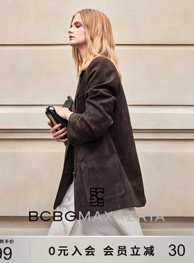 BCBG25秋冬新款松弛感麂皮挺阔西服复古简约美拉德宽松西装外套