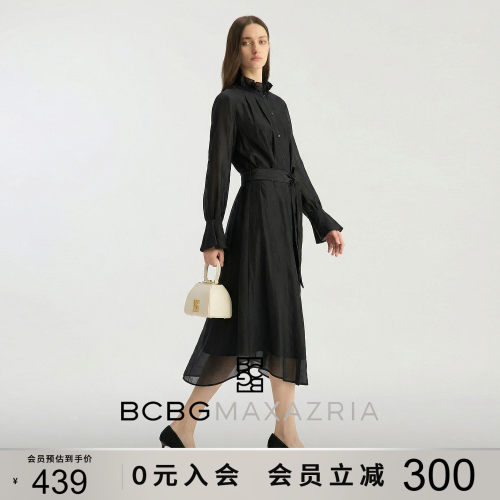 BCBG秋女装精致时尚花边立领荷叶边长袖系带收腰连衣裙黑色长裙