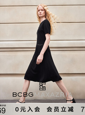 BCBG春夏时髦精致气质钻饰收腰针织连衣裙气质通勤小黑裙女中裙