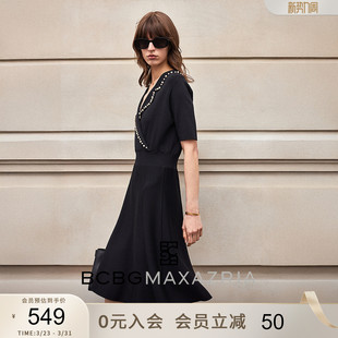 BCBG时髦精致范简约通勤优雅气质珠饰针织连衣裙小黑裙女夏款 中长