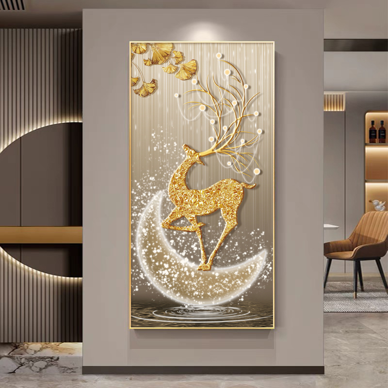 玄关装饰画现代简约入户客厅走廊壁画招财麋鹿过道竖版防水挂画图片