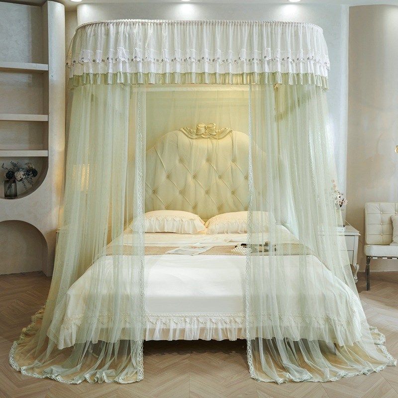 新款U型轨道滑轮导轨蚊帐双层纱加密公主风宫廷落地家用卧室床幔