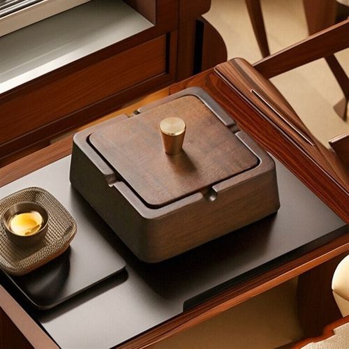 新中式实木带盖防飞灰烟灰缸家用办公室高档客厅创意摆件木质烟缸