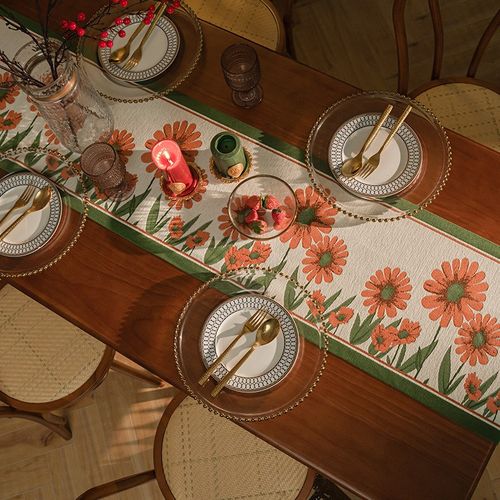 跨境美式高级感田园花朵流苏桌旗提花布艺装饰玄关长条盖巾床尾旗