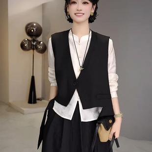 新品大方得体两件套装女2025新款立领衬衫叠穿不规则飘带外搭马甲
