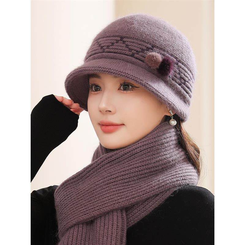 中老年人帽子冬季针织毛线帽女士兔毛保暖奶奶妈妈加绒加厚老太太