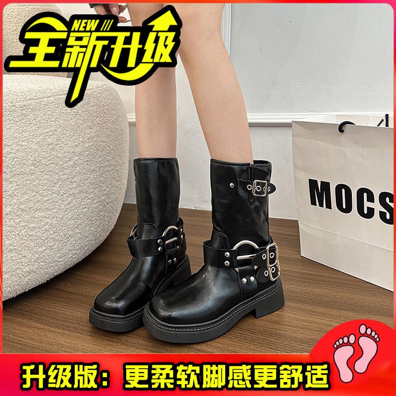 新品英伦风短靴黑色厚底马