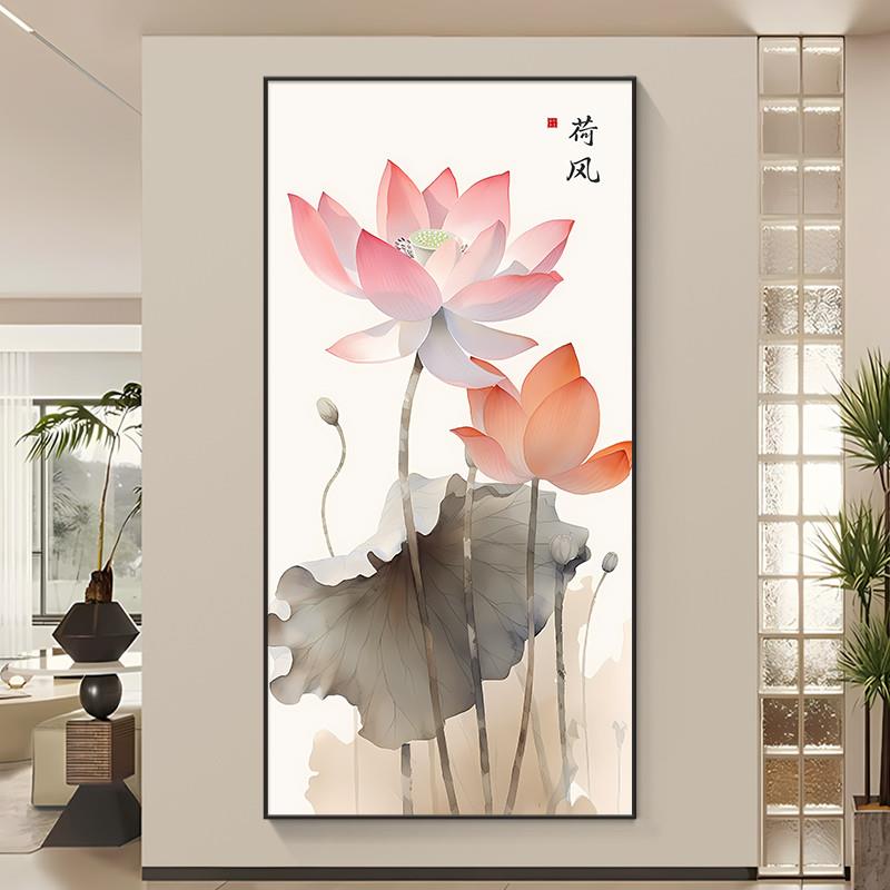 推荐禅意荷花玄关装饰画新中式走廊过道壁画进门正对墙高级感花卉图片