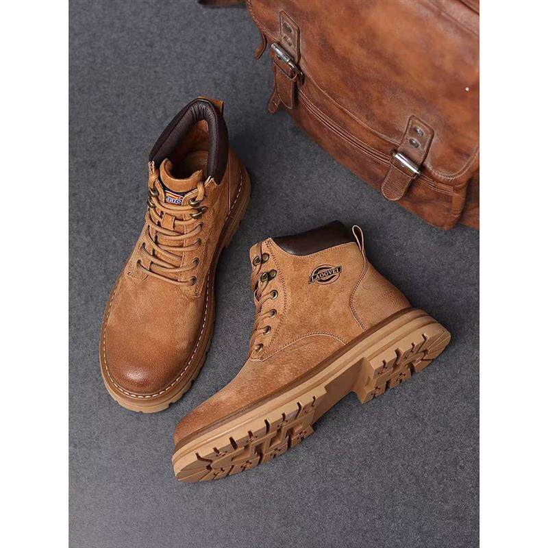 新品加绒磨砂工装靴马丁靴大黄靴男女款透气新款真皮厚底春秋夏季