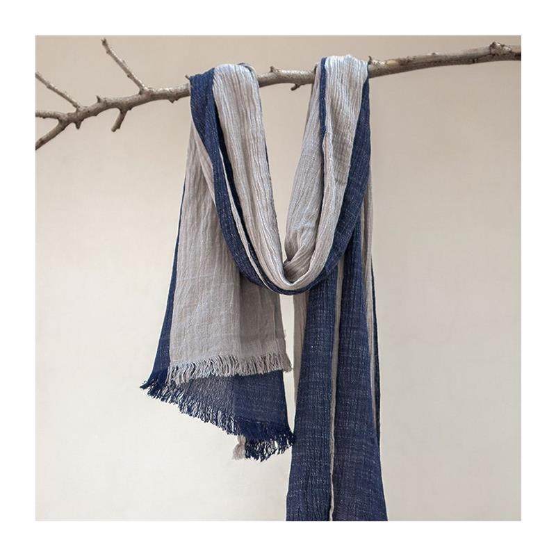 春秋新禅意双色百搭皱麻长围巾秋冬百搭复古文艺驼色靛蓝拼色披肩