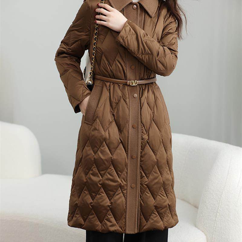 新品美拉德轻薄鹅绒服中长款2024冬季款双面呢拼接鹅绒羽绒服女外