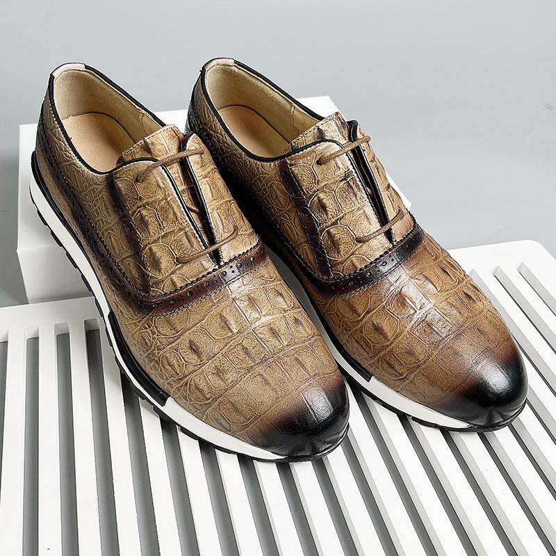 新品男士增高真皮皮鞋牛皮压花鳄鱼纹休闲鞋男真皮男鞋运动百搭商