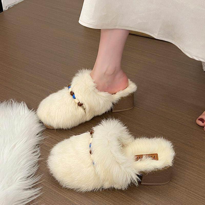 新品水貂毛粗跟包头毛毛拖鞋女外穿2025新款秋冬小个子高跟加绒棉,女鞋,毛毛鞋,淘宝优惠券,粉丝福利购,淘宝优惠卷