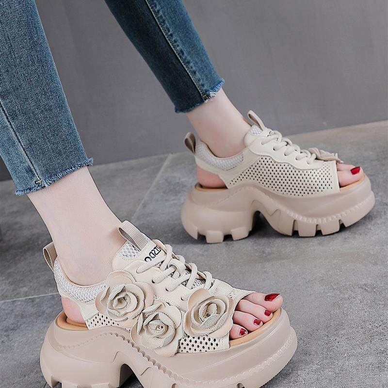 新品牛皮新款时尚厚底凉鞋女款不累脚2025夏真皮女士高跟松糕罗马