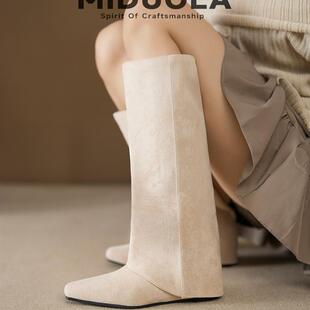 新品~小个子内增高长靴女2025新款配裙子百搭靴子不过漆长筒靴