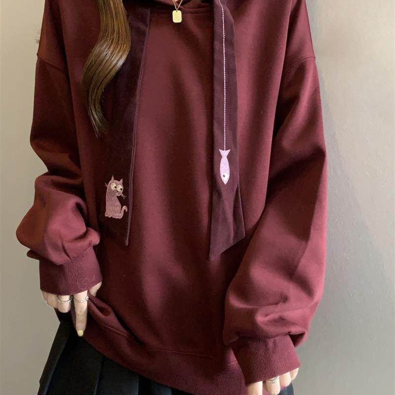 新品红色连帽卫衣女款春秋2025大码胖mm显瘦遮肚宽松慵懒风上衣打