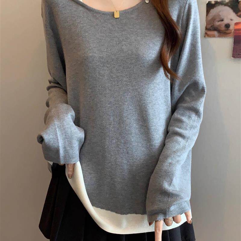 新品假两件斜肩露肩灰色长袖针织衫女秋季爆款大码胖mm中长款打底