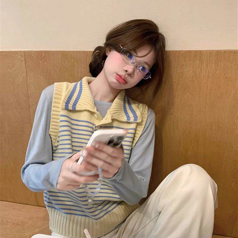 新品奶黄色翻领条纹撞色针织马甲背心女秋冬季叠穿无袖坎肩针织衫