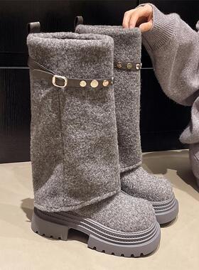 新品皮带扣灰色毛呢裤管靴女2025新款秋冬厚底高筒骑士靴不过膝长
