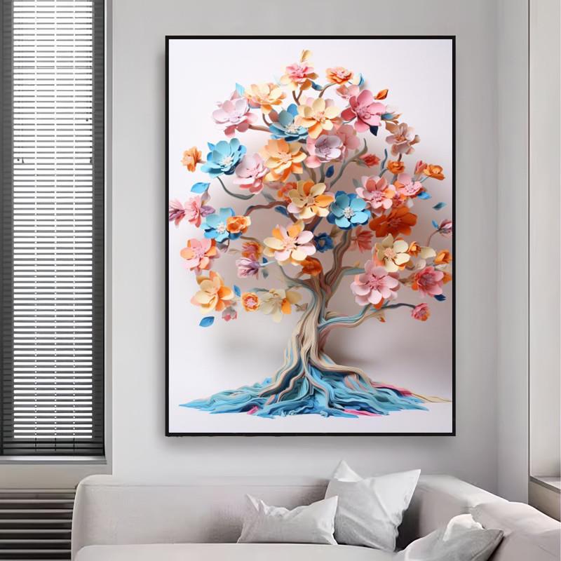 奶油风浮雕立体感客厅装饰画玄关入户正对门壁画花卉走廊过道挂画图片