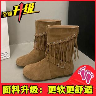 新品 勃肯靴子平底中筒靴复古西部牛 美拉德流苏短靴女2025秋冬新款